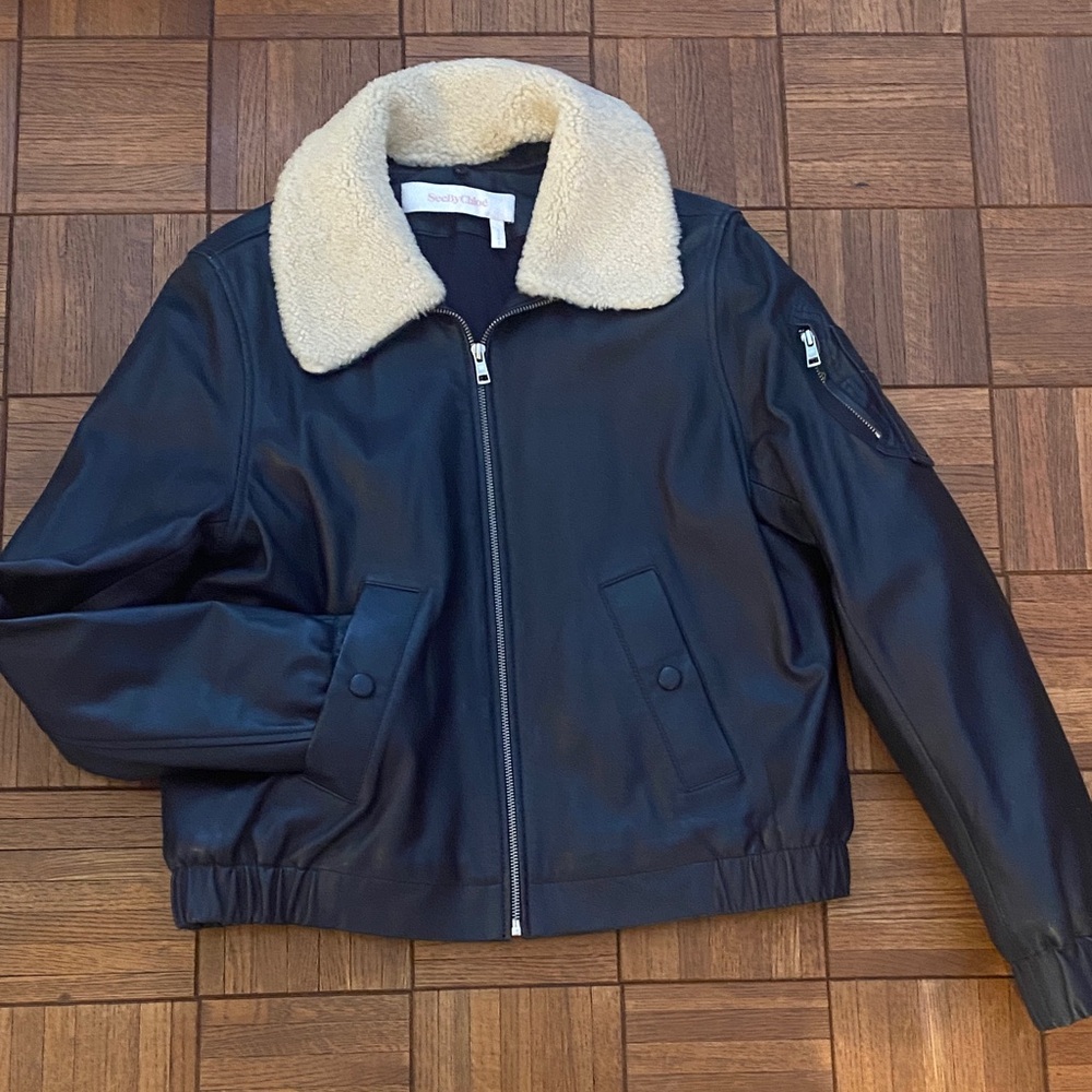 See By Chloe Leather Navy Bomber Jacket with Shearling Collar
